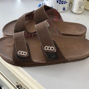 Skechers Brown Slide Sandals with Striped Detail